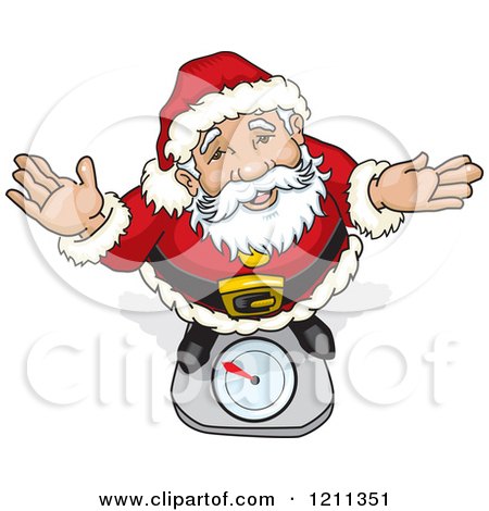 Cartoon of Santa Shrugging and Looking up While Standing on a Scale - Royalty Free Vector Clipart by David Rey