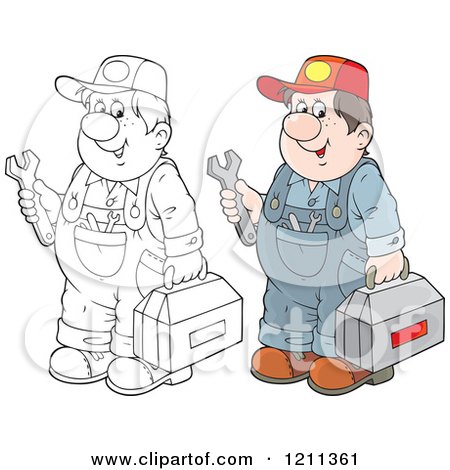 Cartoon of an Outlined and Colored Chubby Mechanic Man Holding a Tool Box and Wrench - Royalty Free Vector Clipart by Alex Bannykh
