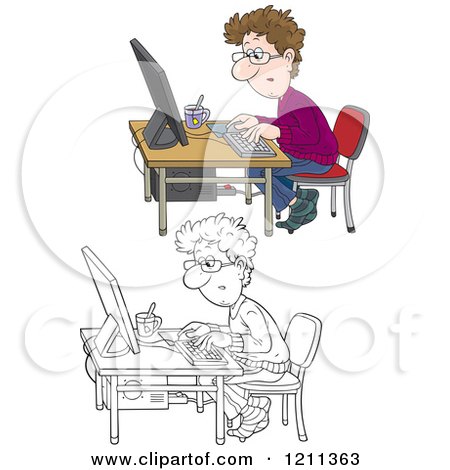 Cartoon of an Outlined and Colored Man Working at a Computer Desk with a Cup of Tea - Royalty Free Vector Clipart by Alex Bannykh