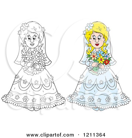 Cartoon of an Outlined and Colored Beautiful Bride with Her Bouquet - Royalty Free Vector Clipart by Alex Bannykh