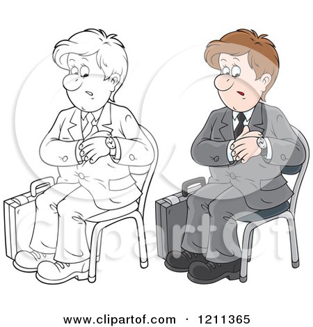 Cartoon of an Outlined and Colored Businessman Checking His Watch and Waiting for an Appointment - Royalty Free Vector Clipart by Alex Bannykh