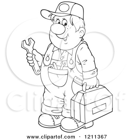 Cartoon of an Outlined Chubby Mechanic Man Holding a Tool Box and Wrench - Royalty Free Vector Clipart by Alex Bannykh