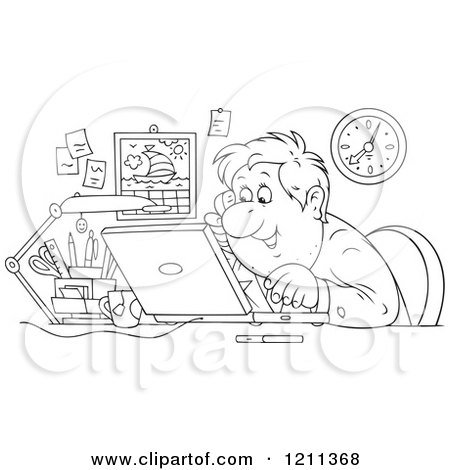 Cartoon of an Outlined Happy Businessman Talking on a Phone and Using a Laptop in an Office - Royalty Free Vector Clipart by Alex Bannykh