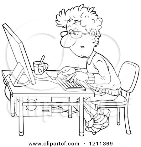 Cartoon of an Outlined Man Working at a Computer Desk with a Cup of Tea - Royalty Free Vector Clipart by Alex Bannykh