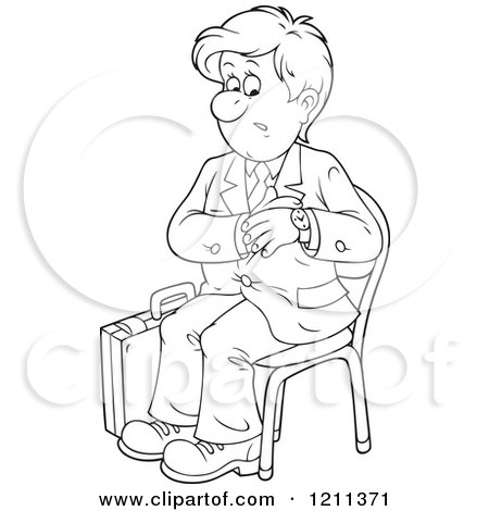 Cartoon of an Outlined Businessman Checking His Watch and Waiting for an Appointment - Royalty Free Vector Clipart by Alex Bannykh