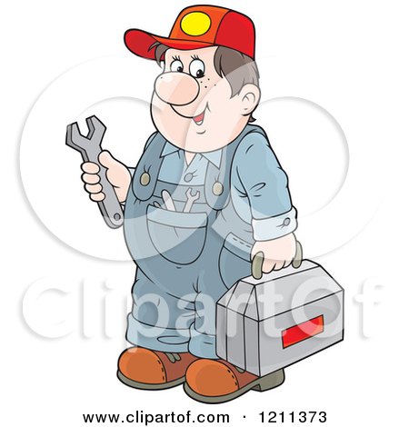 Cartoon of a Chubby Mechanic Man Holding a Tool Box and Wrench - Royalty Free Vector Clipart by Alex Bannykh