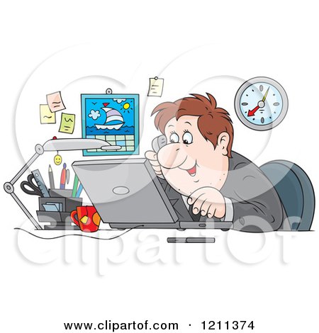 Cartoon of a Happy Caucasian Businessman Talking on a Phone and Using a Laptop in an Office - Royalty Free Vector Clipart by Alex Bannykh