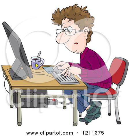 Cartoon of a Man Working at a Computer Desk with a Cup of Tea - Royalty Free Vector Clipart by Alex Bannykh
