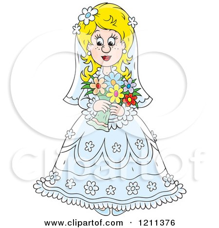 Cartoon of a Beautiful Blond Bride with Her Bouquet - Royalty Free Vector Clipart by Alex Bannykh
