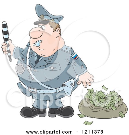 Cartoon of a Police Officer Waving a Baton by a Bag of Money After Chasing Away a Robber - Royalty Free Vector Clipart by Alex Bannykh