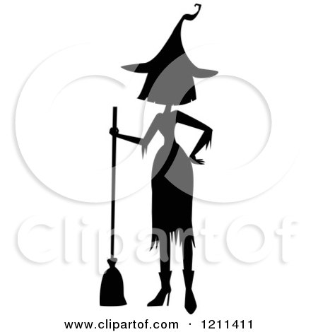 Cartoon of a Black Silhouetted Witch with a Hand on Her Hip and a Broom - Royalty Free Vector Clipart by peachidesigns