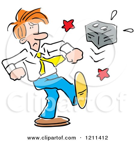 Cartoon of an Angry Man Kicking a Battery - Royalty Free Vector Clipart by Johnny Sajem