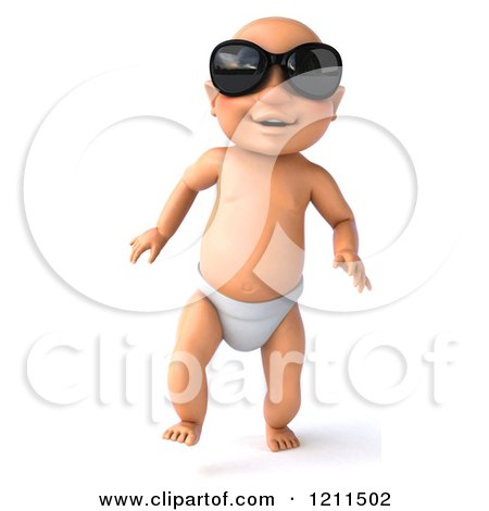 Clipart of a 3d Caucasian Baby Boy Wearing Sunglasses and Taking His First Steps - Royalty Free CGI Illustration by Julos