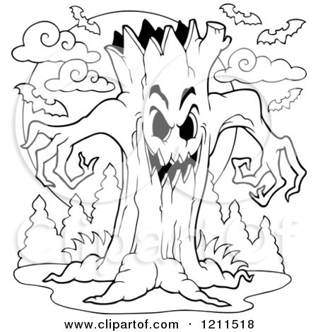 Cartoon of a Black and White Spooky Ent Tree - Royalty Free Vector Clipart by visekart