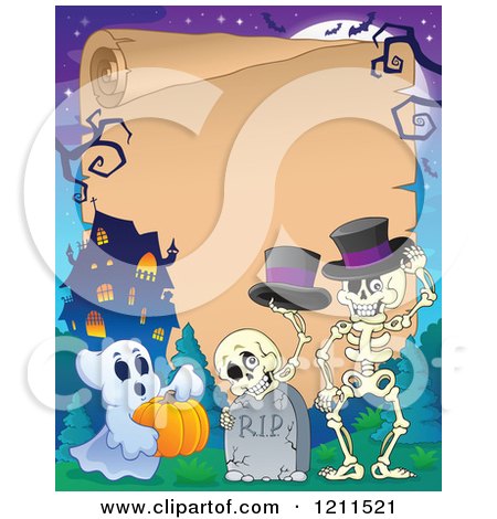 Cartoon of a Ghost and Halloween Skeletons with Top Hats at a Haunted House Cemetery over Parchment Copyspace - Royalty Free Vector Clipart by visekart