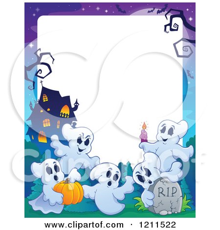 Cartoon of Ghosts with a Pumpkin Candle Tombstone and Haunted House over Copyspace - Royalty Free Vector Clipart by visekart