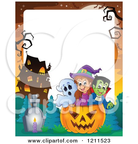 Cartoon of a Ghost Witch and Vampire in a Halloween Jackolantern Pumpkin near a Haunted House over Copyspace - Royalty Free Vector Clipart by visekart