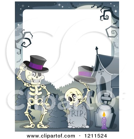 Cartoon of Halloween Skeletons with Top Hats at a Cemetery over Copyspace - Royalty Free Vector Clipart by visekart