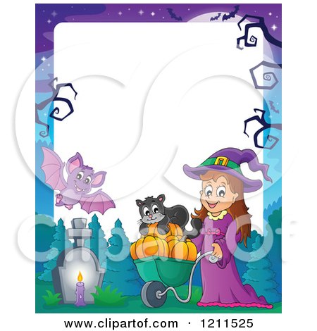 Cartoon of a Cute Halloween Witch Girl Pushing a Black Cat and Pumpkins in a Wheelbarrow over Copyspace - Royalty Free Vector Clipart by visekart