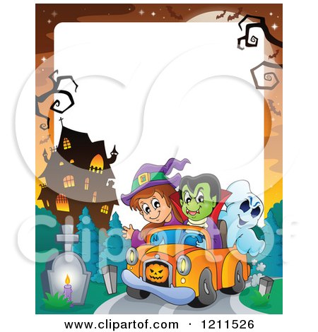 Cartoon of a Halloween Witch Vampire and Ghost Riding in a Pickup Truck near a Haunted Mansion over Copyspace - Royalty Free Vector Clipart by visekart