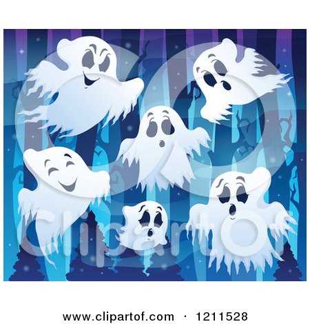 Cartoon of White Ghosts in a Dark Forest - Royalty Free Vector Clipart by visekart