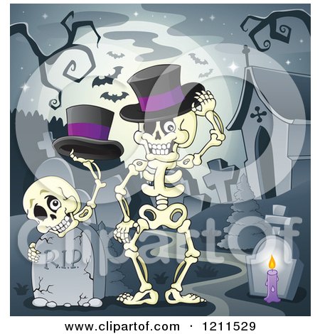Cartoon of Halloween Skeletons with Top Hats at a Cemetery Against a Full Moon - Royalty Free Vector Clipart by visekart
