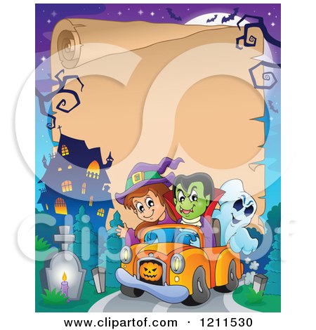 Cartoon of a Halloween Witch Vampire and Ghost Riding in a Pickup Truck near a Haunted Mansion over Parchment Copyspace - Royalty Free Vector Clipart by visekart