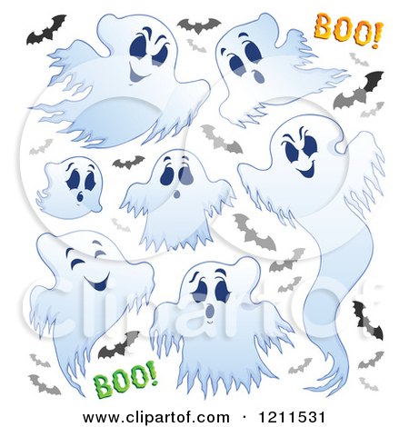 Cartoon of a White Ghosts with Vampire Bats and Boo on White - Royalty Free Vector Clipart by visekart