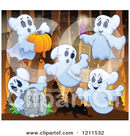 Cartoon of Ghosts with a Cat Pumpkin Candle and Tombstone in the Woods - Royalty Free Vector Clipart by visekart