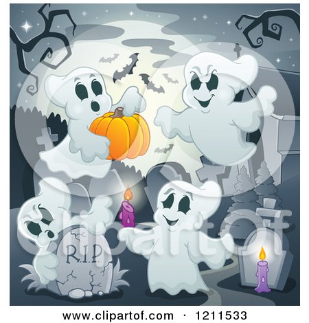 Cartoon of Ghosts with a Pumpkin Bats and Candles in a Cemetery - Royalty Free Vector Clipart by visekart