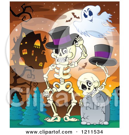 Cartoon of a Ghost over Halloween Skeletons with Top Hats at a Cemetery near a Haunted Mansion - Royalty Free Vector Clipart by visekart