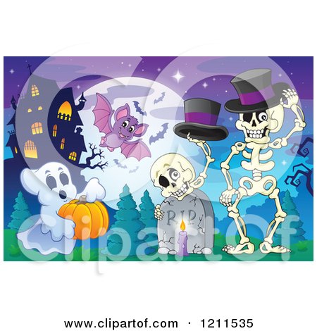 Cartoon of a Halloween Ghost with a Pumpkin Bat and Skeletons in a Haunted House Cemetery - Royalty Free Vector Clipart by visekart