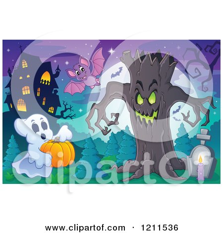 Cartoon of a Halloween Ghost with a Pumpkin Bat and Ent Tree in a Haunted House Cemetery - Royalty Free Vector Clipart by visekart