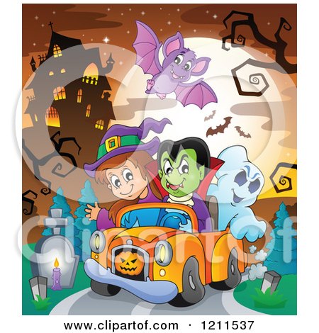 Cartoon of a Bat Flying over a Halloween Witch Vampire and Ghost Riding in a Pickup Truck near a Haunted House - Royalty Free Vector Clipart by visekart