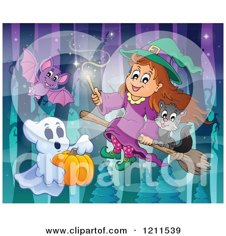 Cartoon of a Cute Halloween Witch Girl and Black Cat Flying on a Broomstick with a Bat and Ghost in the Woods - Royalty Free Vector Clipart by visekart