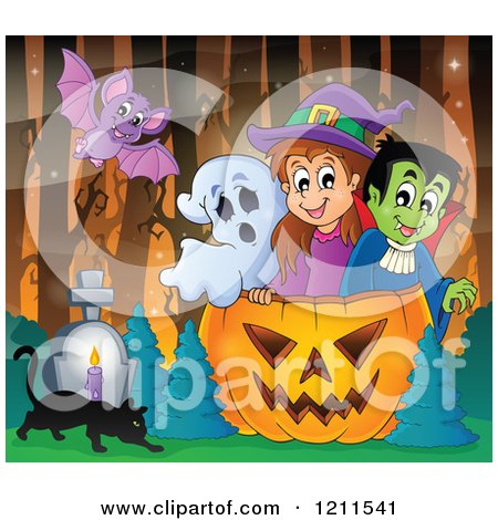 Cartoon of a Bat over a Ghost Witch and Vampire in a Halloween Jackolantern Pumpkin with a Cat and Tombstone in the Woods - Royalty Free Vector Clipart by visekart