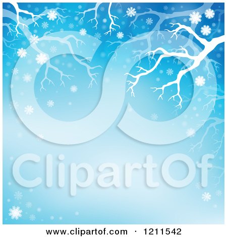 Cartoon of a Winter Background of Bare Tree Branches and Snowflakes over Blue 3 - Royalty Free Vector Clipart by visekart