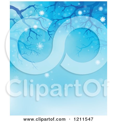 Cartoon of a Winter Background of Bare Tree Branches and Snowflakes over Blue - Royalty Free Vector Clipart by visekart