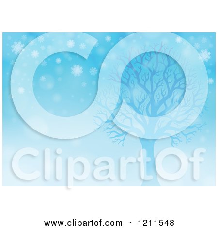 Cartoon of a Silhouetted Tree and Falling Snowflakes in Blue Lighting - Royalty Free Vector Clipart by visekart