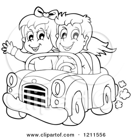 Cartoon of an Outlined Happy Boy and Girl Driving in a Red Convertible Car - Royalty Free Vector Clipart by visekart