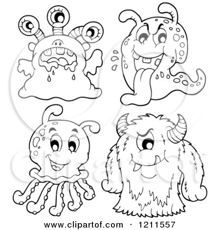 Cartoon of Four Outlined Monsters or Aliens - Royalty Free Vector Clipart by visekart