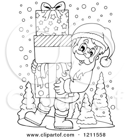 Cartoon of an Outlined Santa Carrying a Stack of Gift Boxes - Royalty Free Vector Clipart by visekart