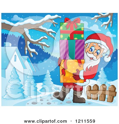 Cartoon of Santa Carrying a Stack of Gift Boxes in a Winter Landscape - Royalty Free Vector Clipart by visekart
