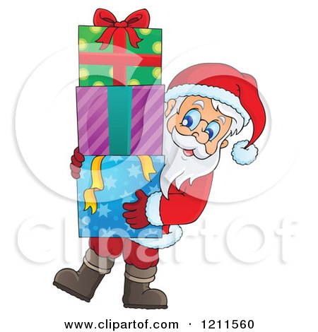 Cartoon of Santa Carrying a Stack of Gift Boxes - Royalty Free Vector Clipart by visekart
