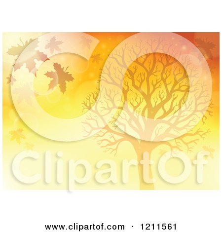 Cartoon of a Silhouetted Tree and Falling Leaves in Orange Lighting - Royalty Free Vector Clipart by visekart