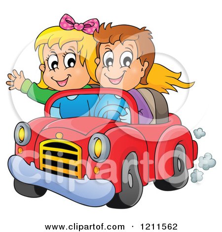 Cartoon of a Happy Boy and Girl Driving in a Red Convertible Car - Royalty Free Vector Clipart by visekart