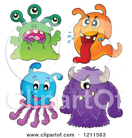 Cartoon of Four Colorful Monsters or Aliens - Royalty Free Vector Clipart by visekart