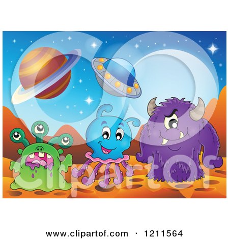 Cartoon of Monsters or Aliens on a Foreign Planet - Royalty Free Vector Clipart by visekart