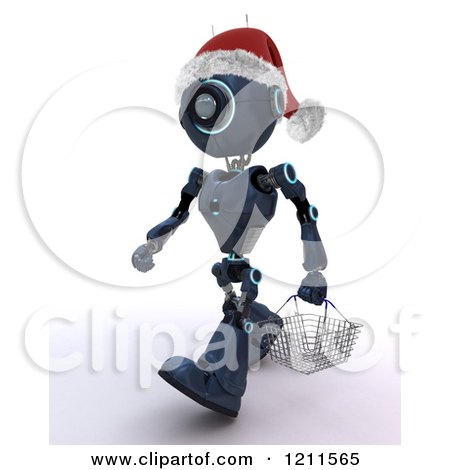 Clipart of a 3d Blue Android Robot Wearing a Santa Hat and Carrying a Shopping Basket - Royalty Free CGI Illustration by KJ Pargeter