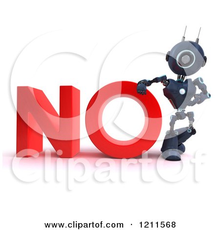Clipart of a 3d Blue Android Robot Leaning on NO - Royalty Free CGI Illustration by KJ Pargeter